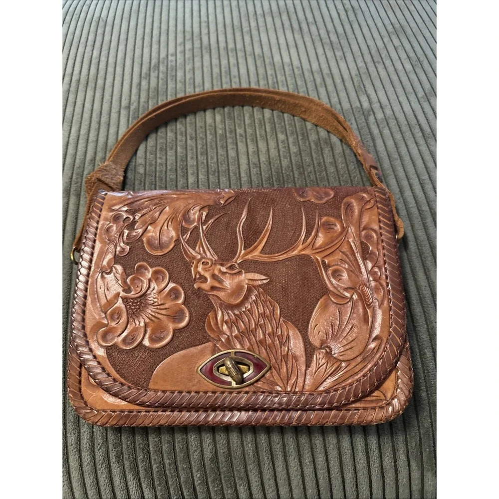 Vintage Western Hand Tooled Leather Purse with Floral Design & Elk Moose Deer